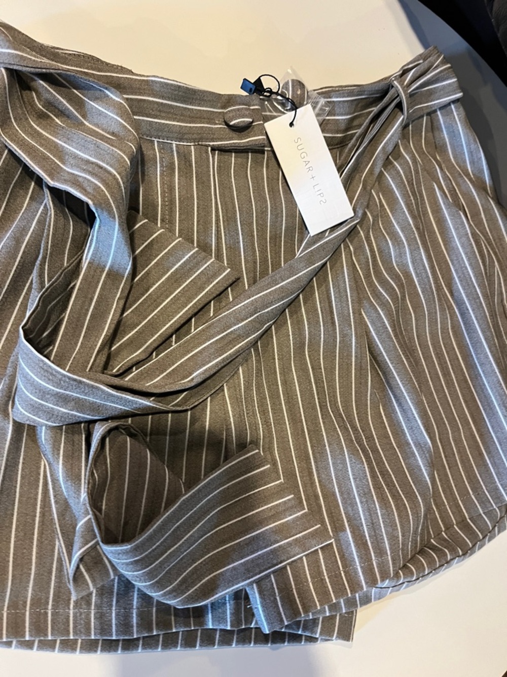 Sugar+Lips Taupe Pinstripe Wrap Skort with Tie Waist